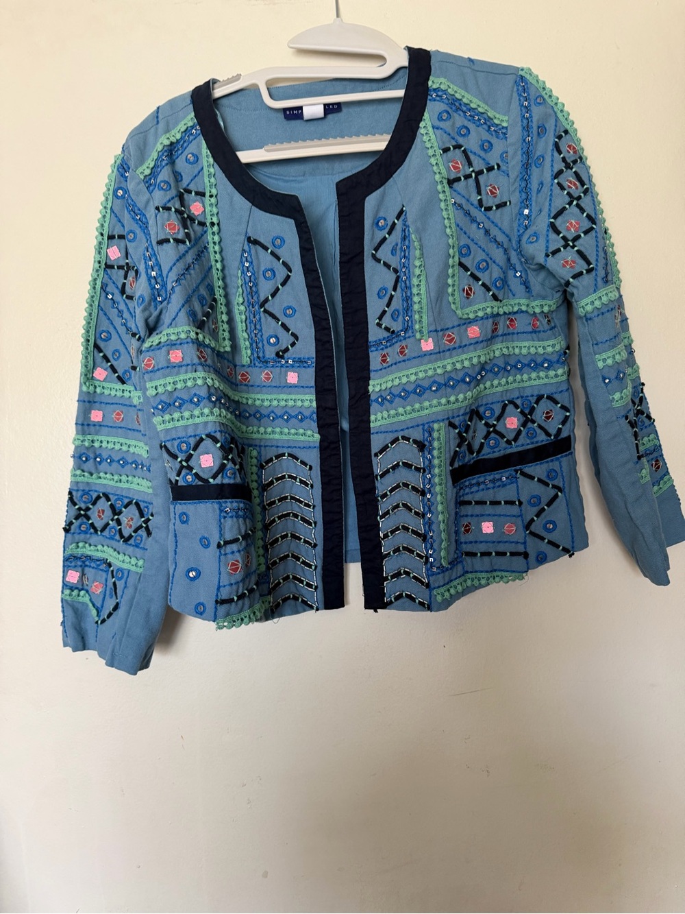 Simply Styled Blue Embroidered Boho Open Front Jacket Medium